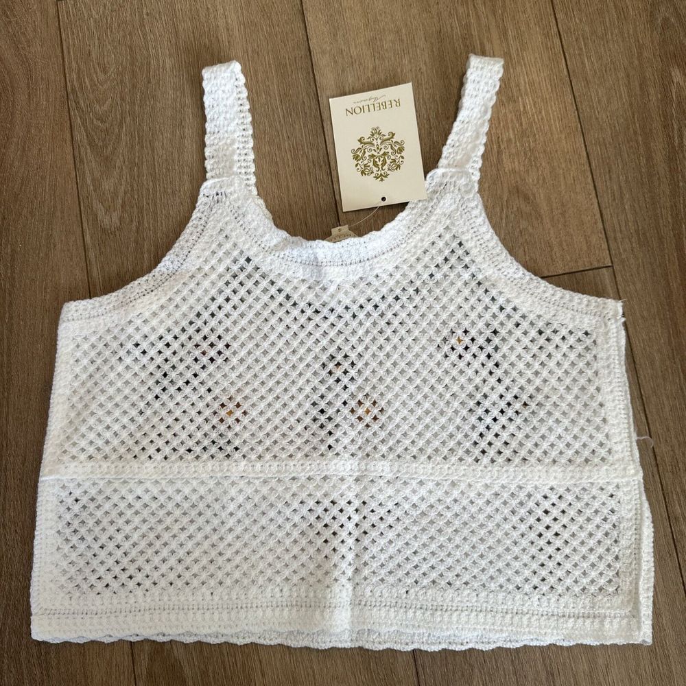 Rebellion‎ Junior's Open Knit Floral White Crop Tank Top Size Small NEW - Picture 6 of 8